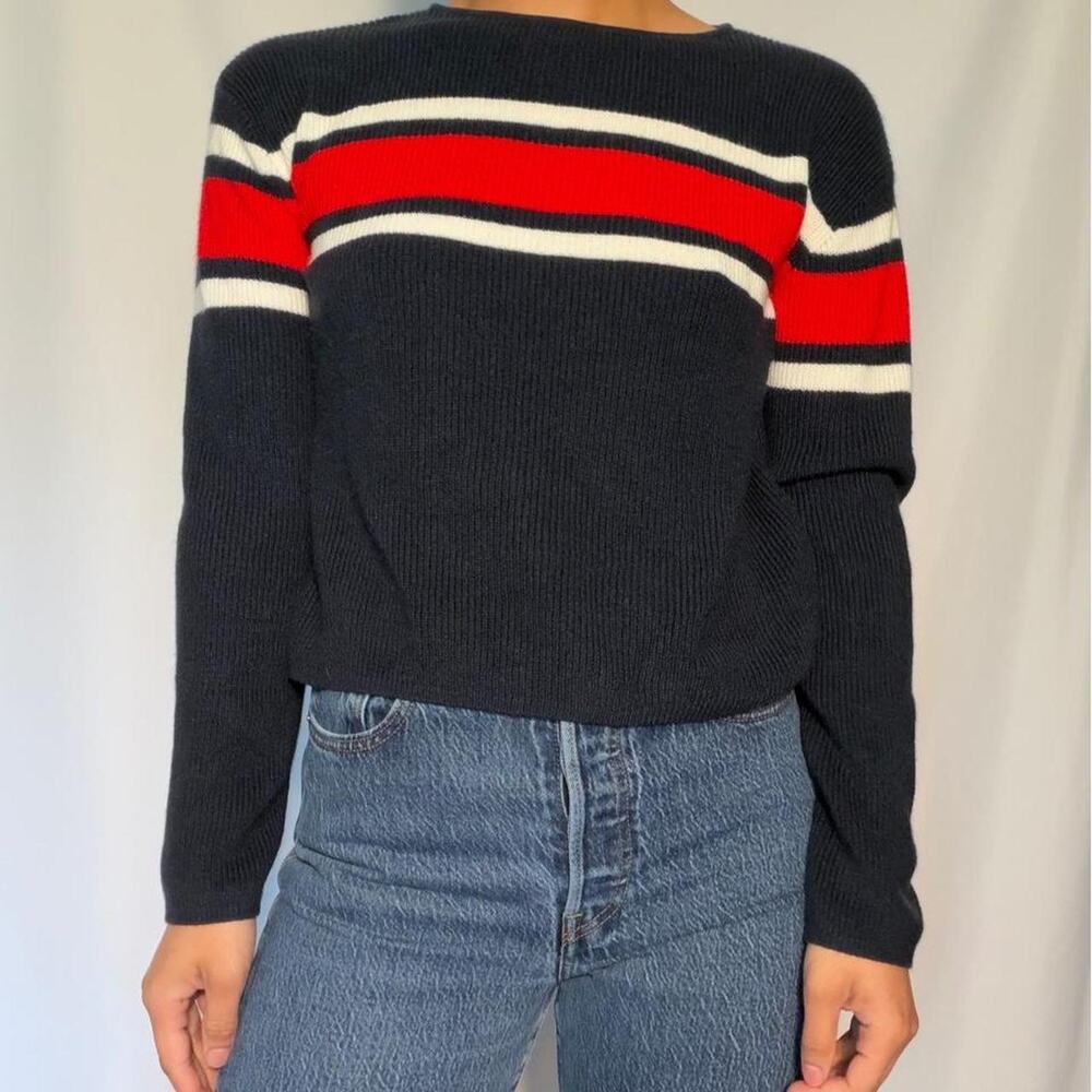 Red, white, and blue striped rib knit sweater